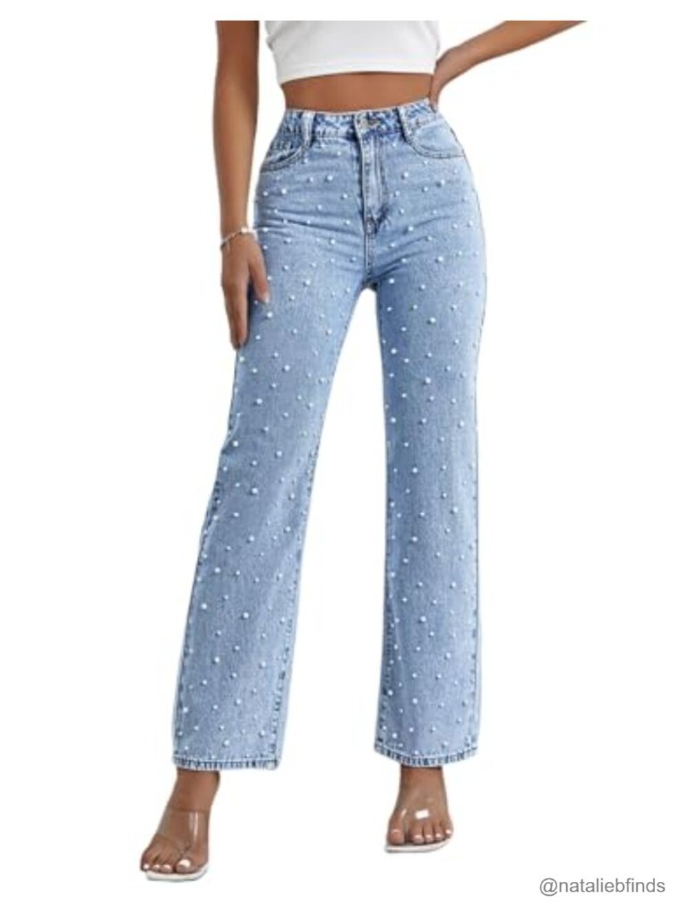 Women's High Waisted Straight Leg Jeans with Faux Pearl Beading